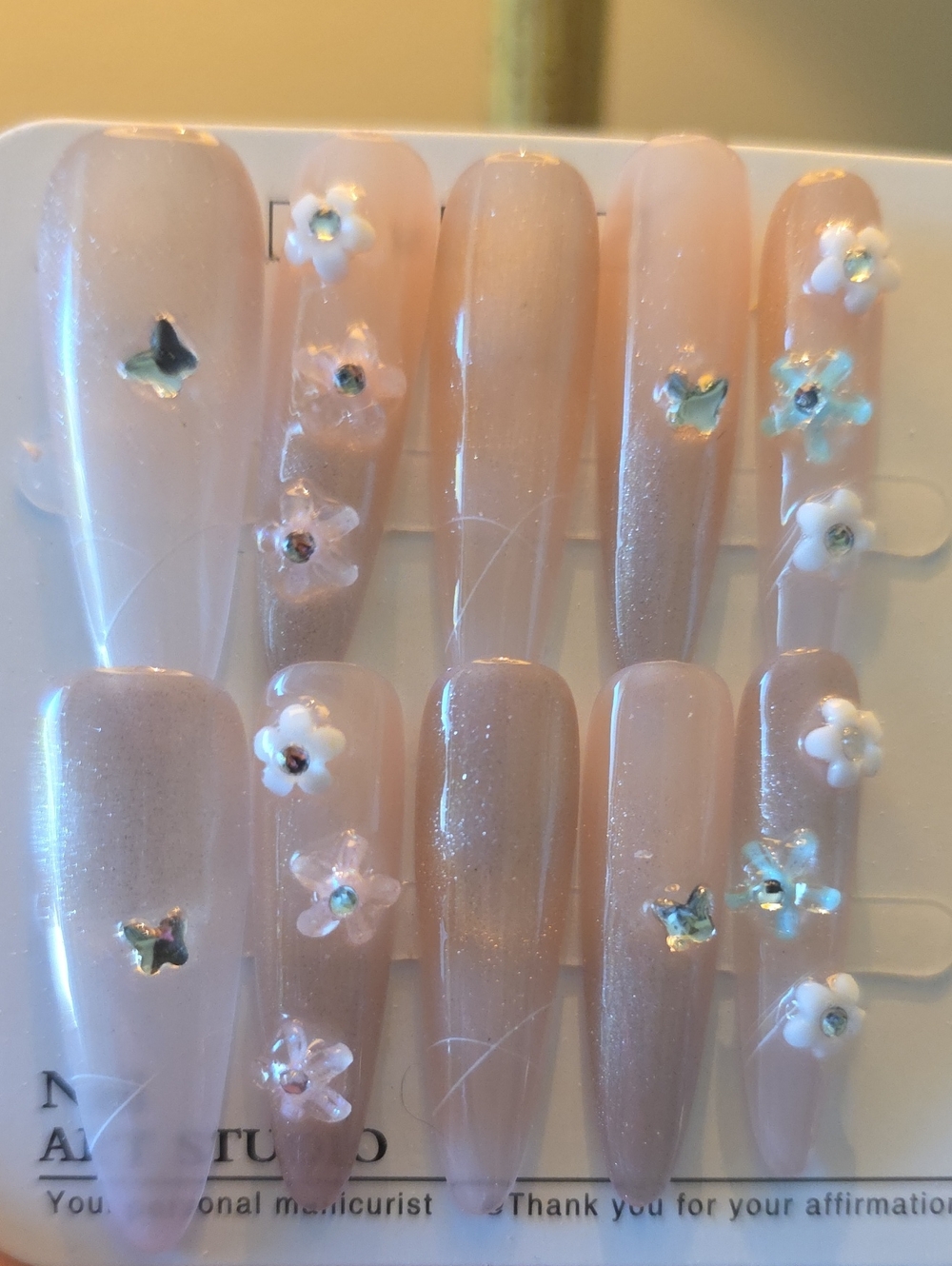 Neutral Pink Press-On Nails with 3D Floral Accents Size Large